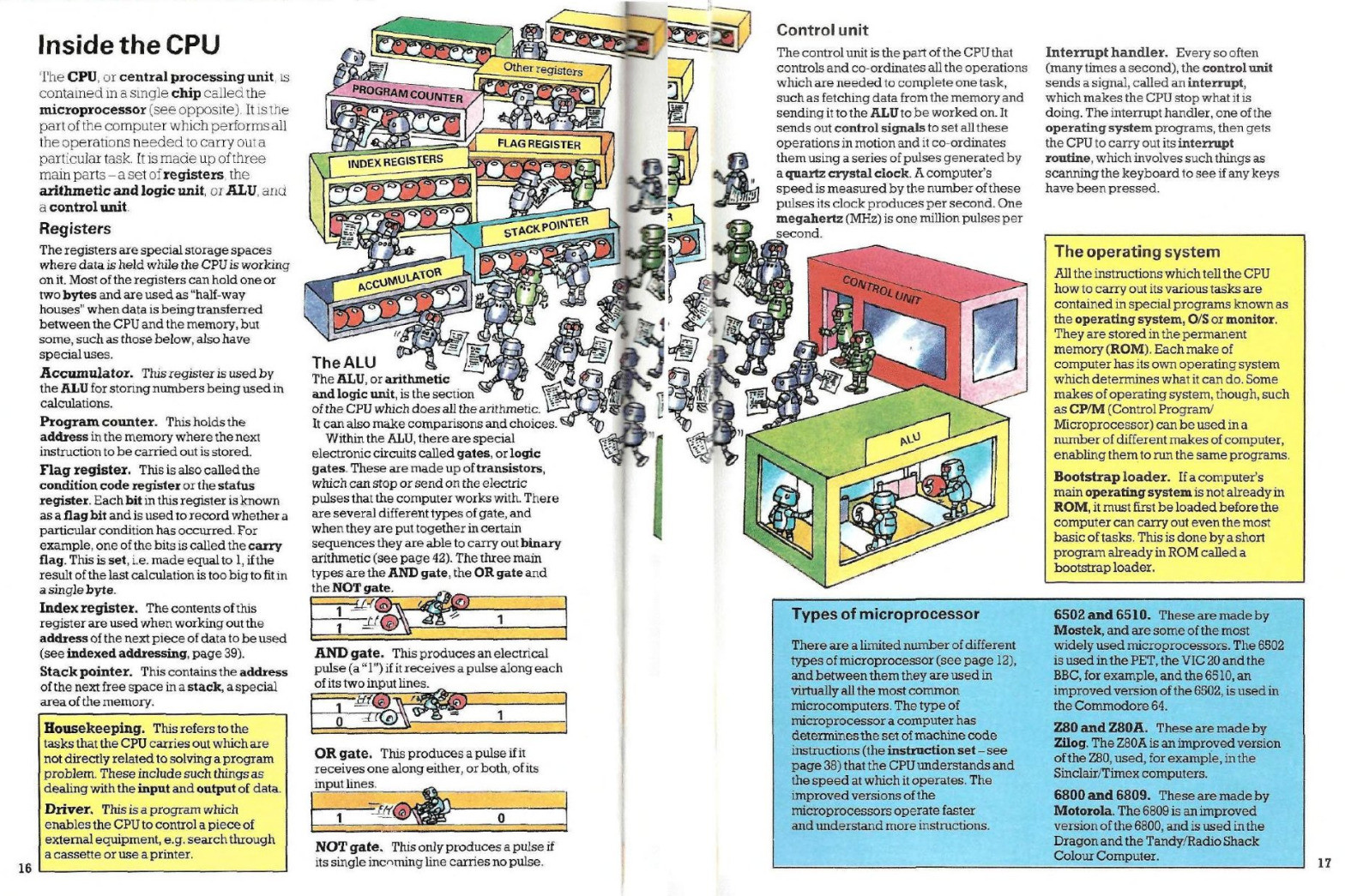 cartoon drawings of "inside the cpu" with little robots running between the program counter, registers, the stack, and showing colored balls rolling through logic gates