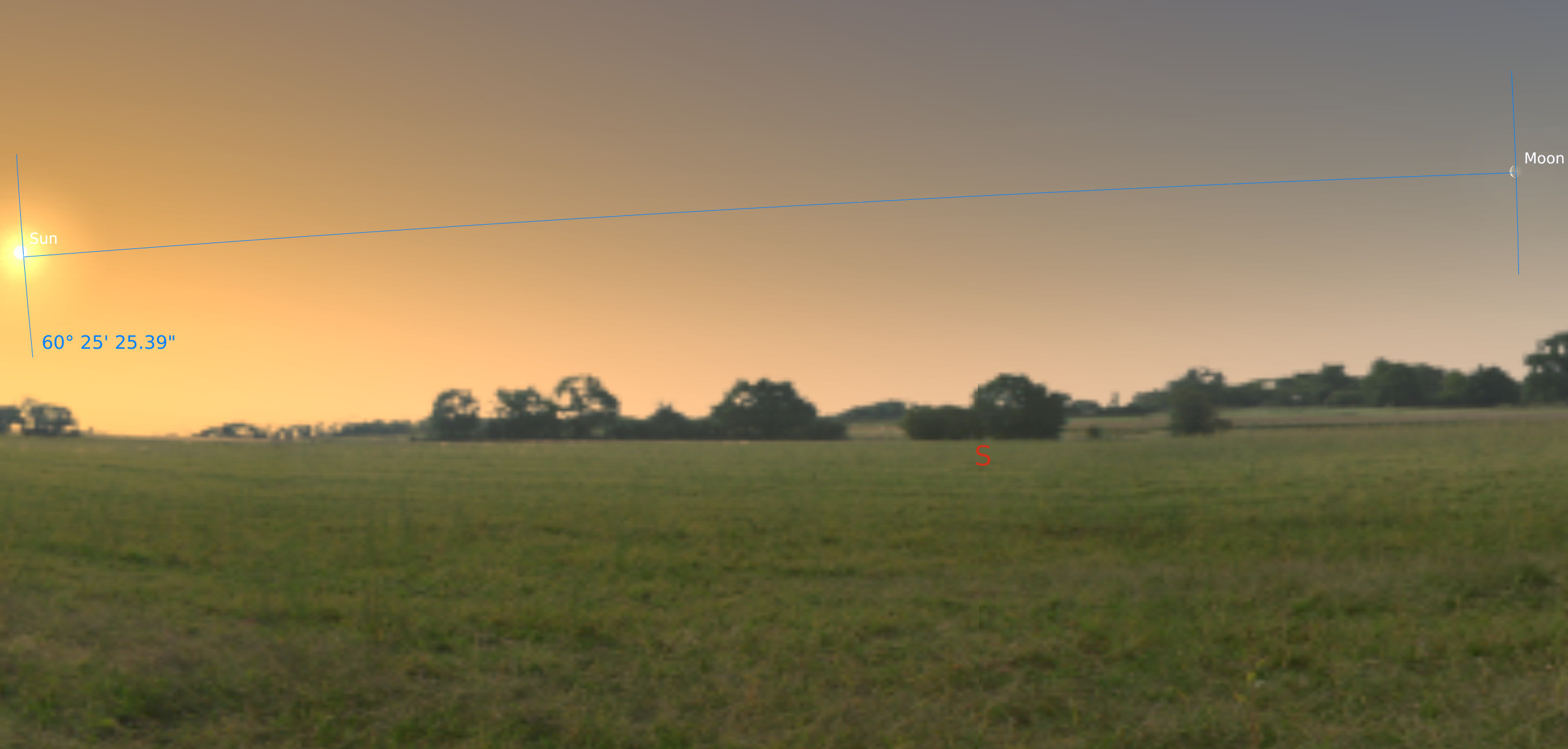 Stellarium program displaying the angular measure between the sun and the moon