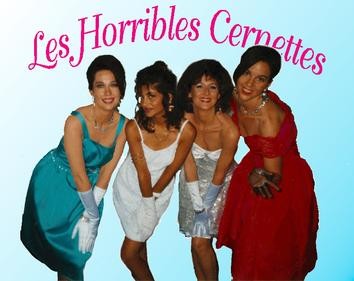 Low res album cover of four people in cocktail dresses leaning towards the camera. Above them are the words Les Horribles Cernettes. This was the first image on the web.