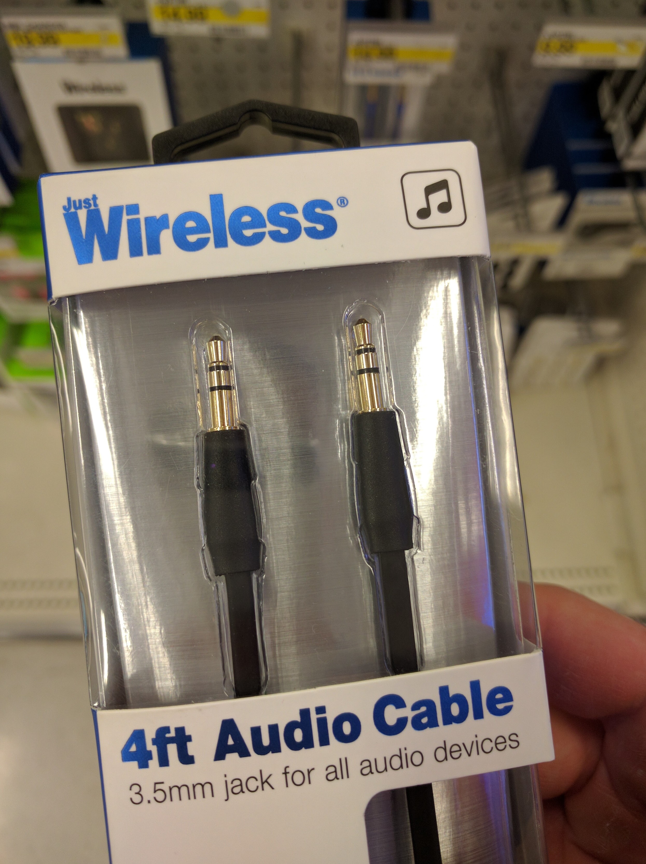 4ft audio cable with the name "Just Wireless"