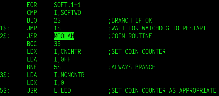 6502 assembly code with a highlighted call to "JSR MOOLAH" commented as "COIN ROUTINE"