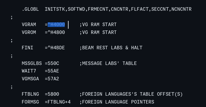 screen shot of 6502 assembly code with three constants defined as "VGRAM =^H4800" and others as "VGMGSA=57A2" so it isn't just identifying it as hex