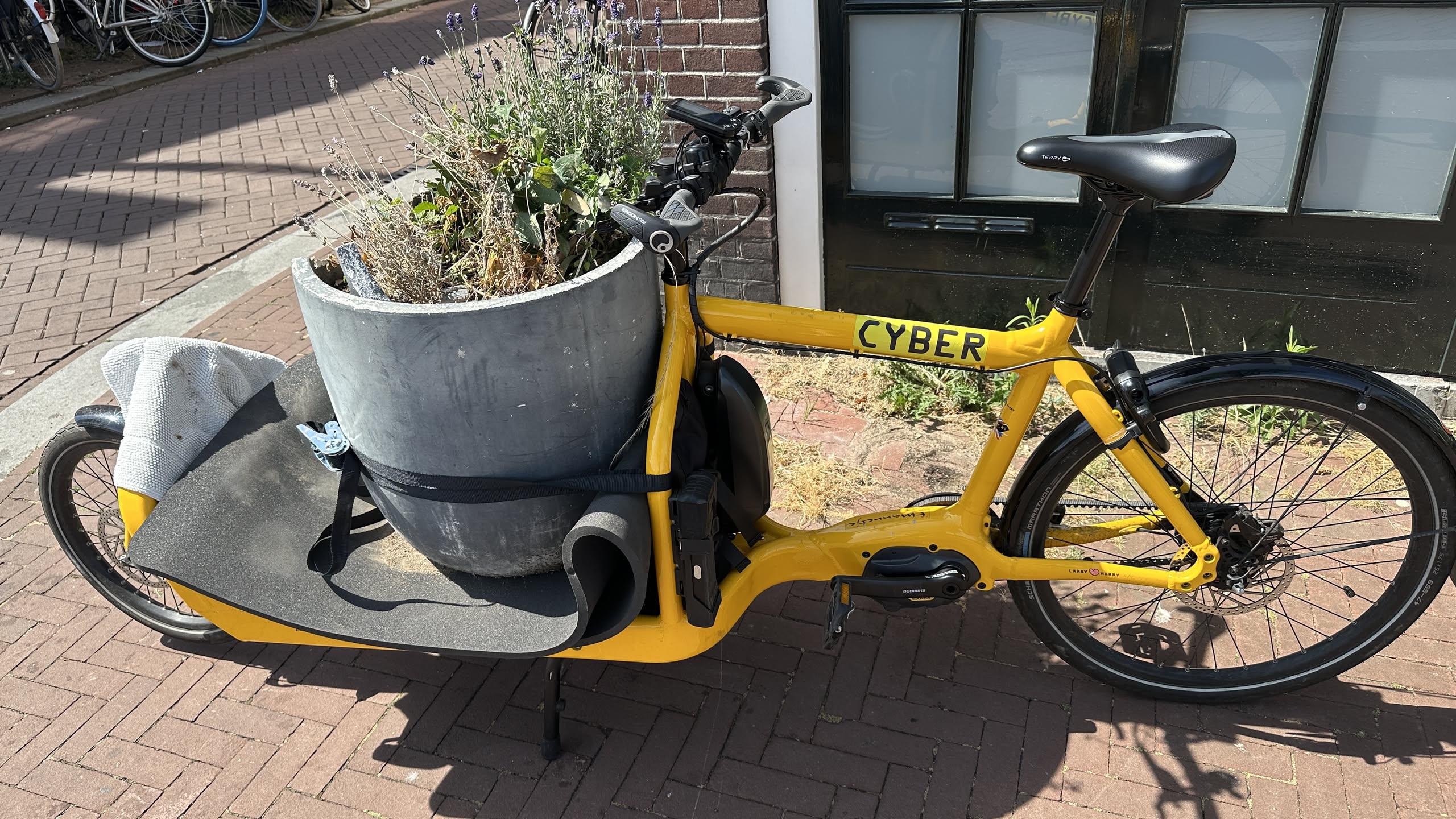 cargo bike with a very large pot strapped to the flat bed